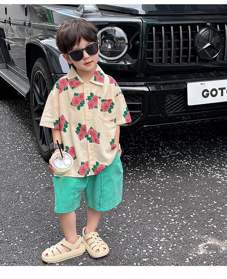 儿童衬衫2023童酷夏装韩版洋气宝宝上衣帅气玫瑰花满印男童衬衣潮详情2