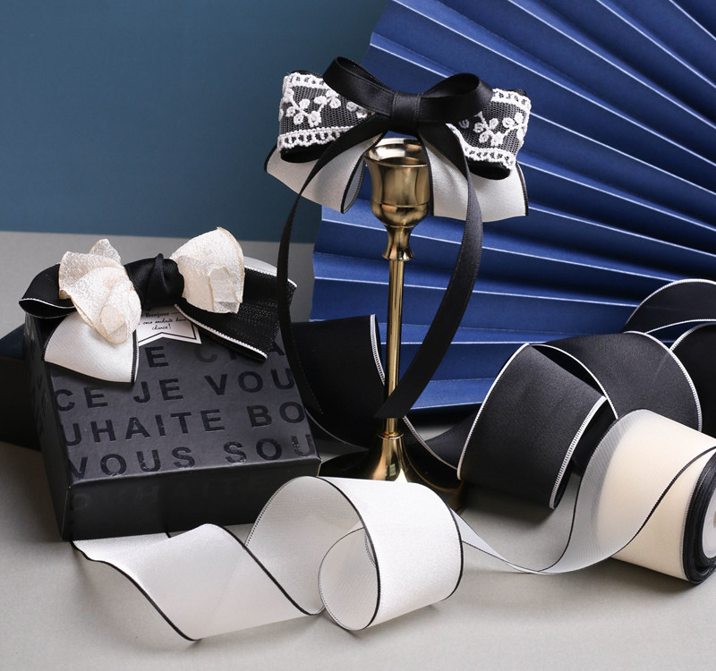 Korean version glossy black and white edge chiffon webbing DIY bow hair accessory flower shop flower packaging gift box gauze ribbon pic 3