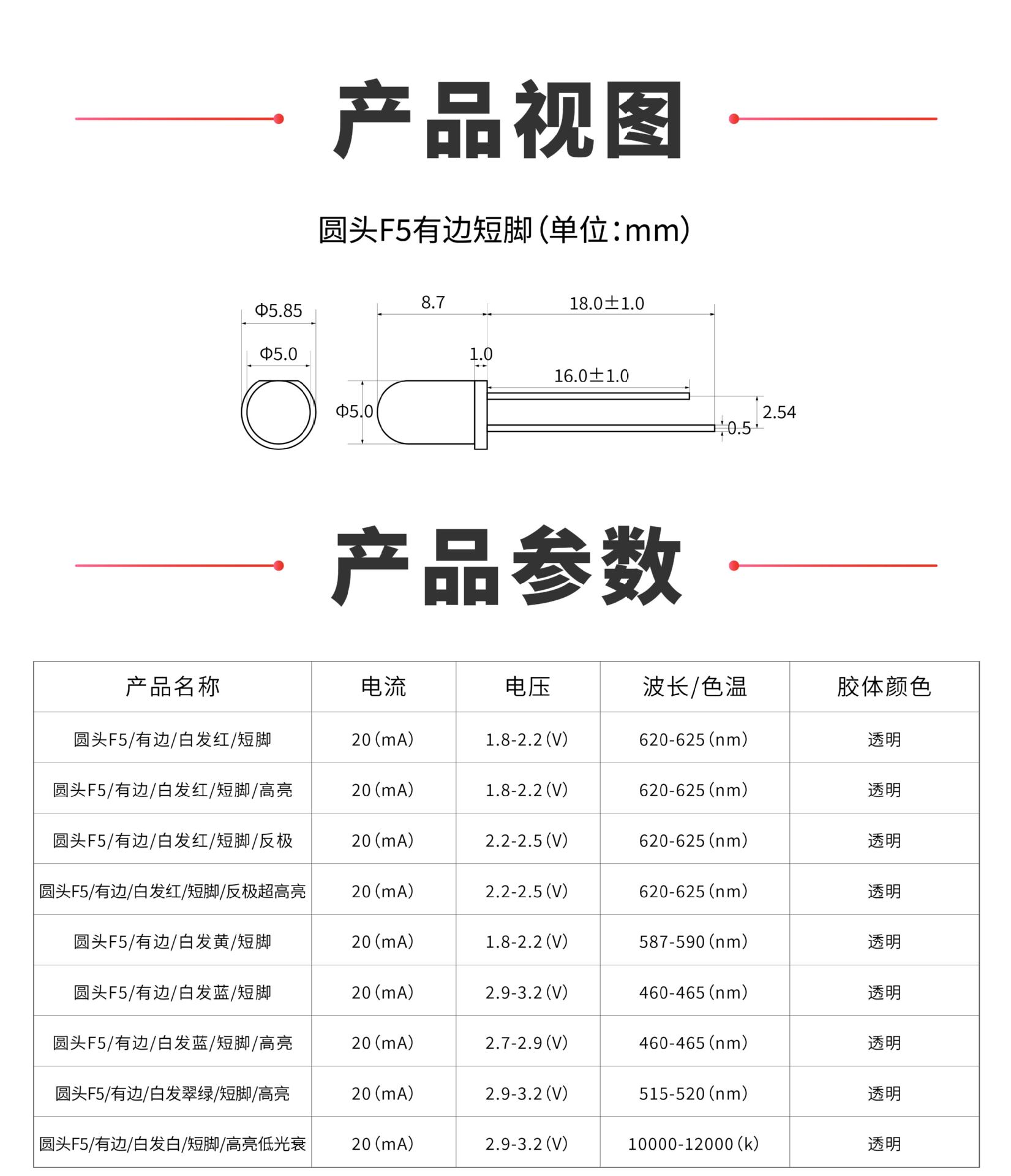 led灯珠F5圆头5mm反极红鼠标红蓝翠绿白灯有边短脚高亮发光二极管详情6