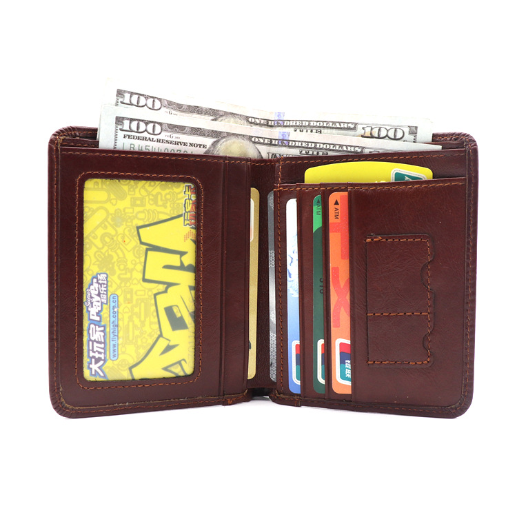 محفظة صغيرة عبر الحدود ذات غطاء شمعي وزيت، محفظة من طراز RFID بنية، محفظة تحتوي على بطاقة هوية مسطحة pic 6