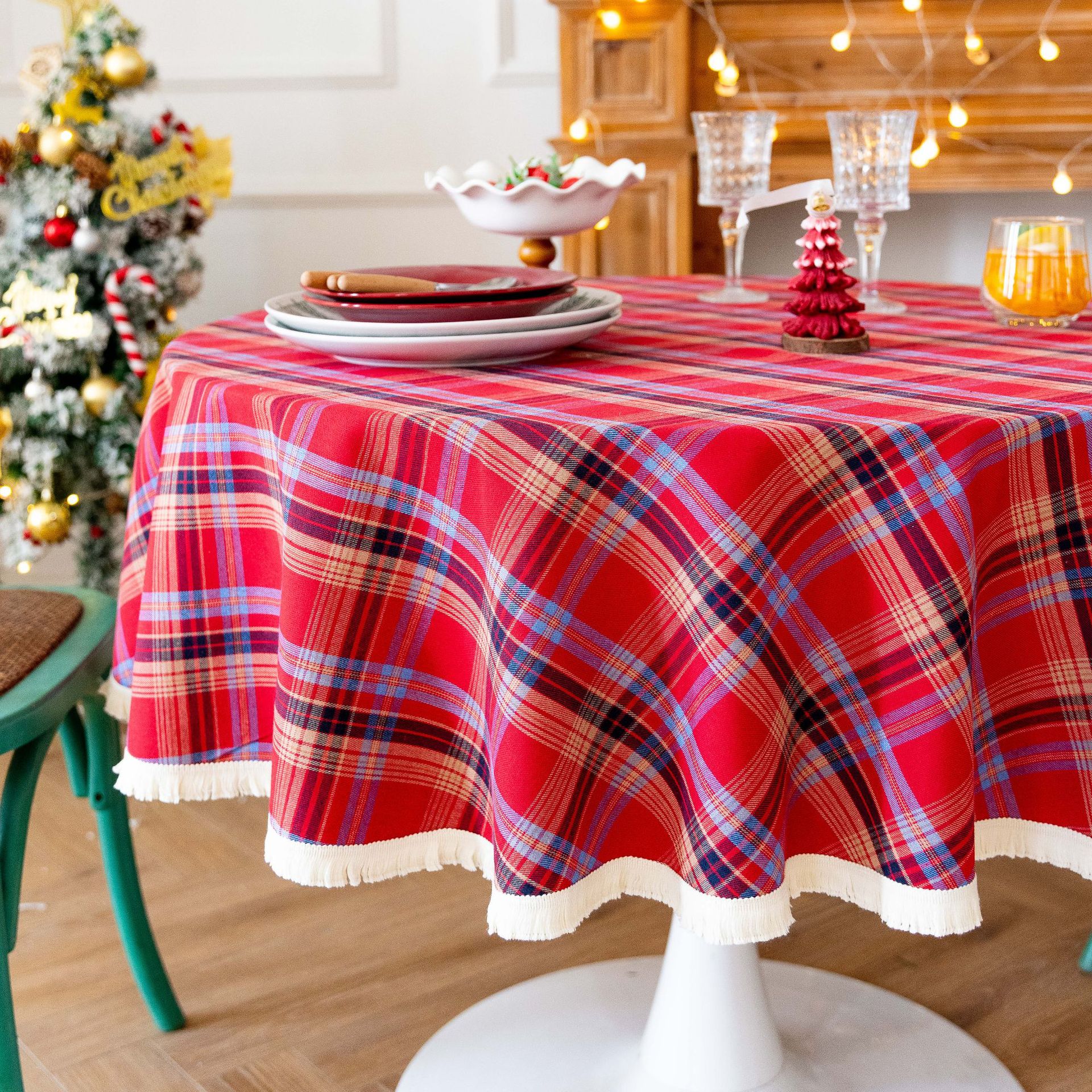 Tablecloth, coffee table, cotton and linen decorative table, ins style best-selling rectangular retro dining table, festive red Christmas checkered pic 19