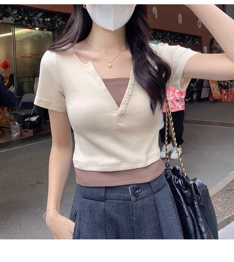 Pink V-neck off-the-shoulder T-shirt for women, short sleeve, new spring and summer style, two-piece design, slim and short, pure and sensual pic 26