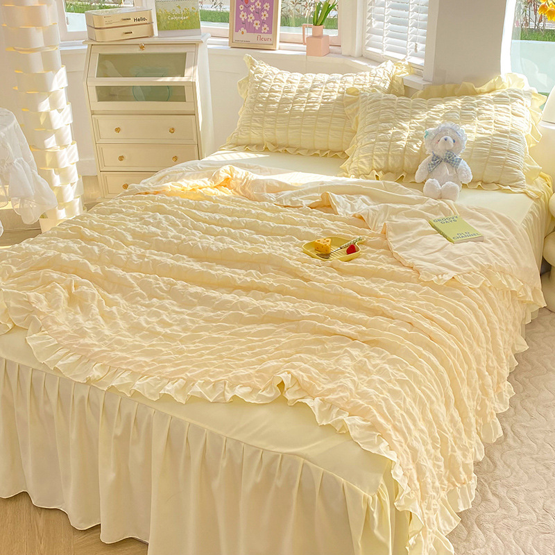 Simple style bubble gauze summer quilt four-piece set, high-end solid color washed cotton bed sheet, bed skirt, quilt cover, dormitory three-piece set pic 30