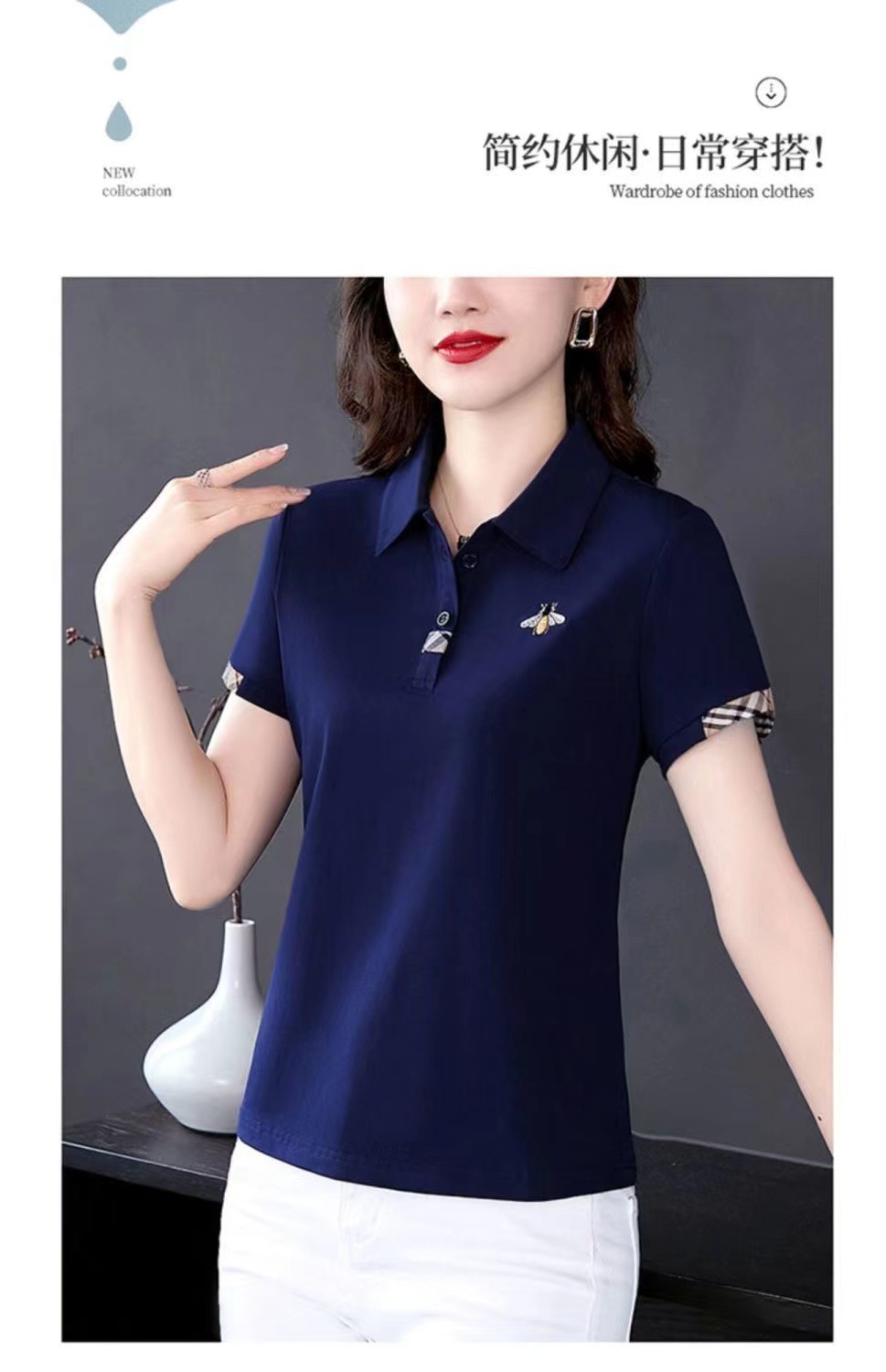 夏季2022新款翻领短袖大码t恤女装中年妈妈运动时尚上衣打底衫女.详情2