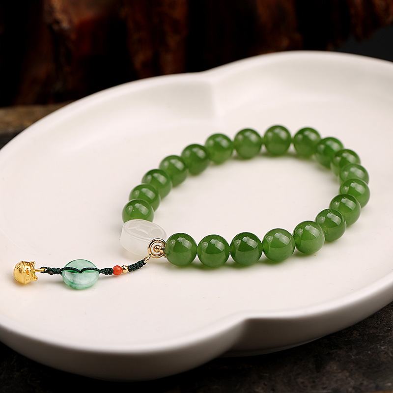18K pure gold handcrafted 999 pure gold bell, natural spinach, green jasper and Hetian jade bracelet, gold coin DIY small drop flow pic 4