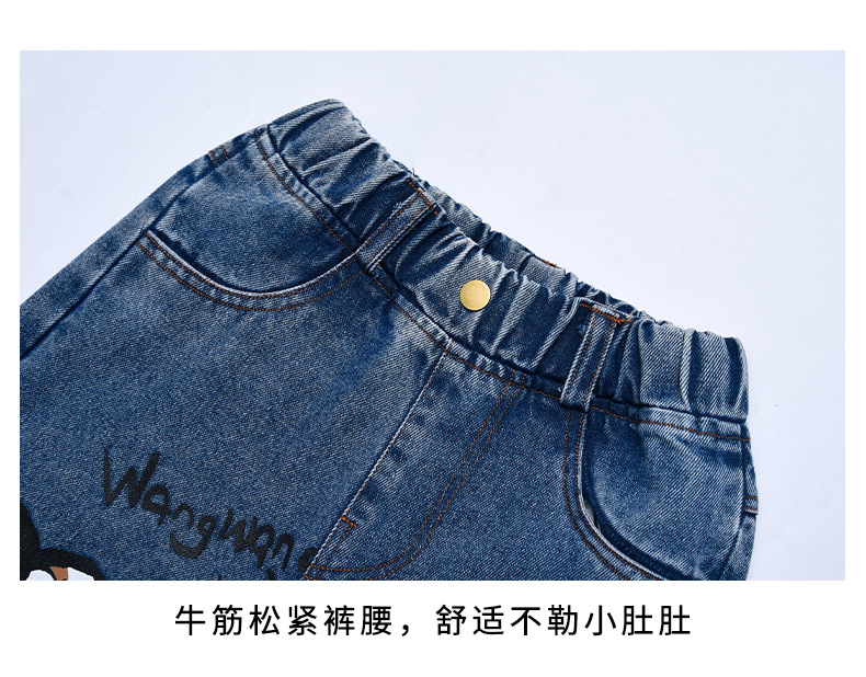 童裤批发外贸女童春季新款卡通牛仔裤韩版宽松中大童印花直筒长裤详情24