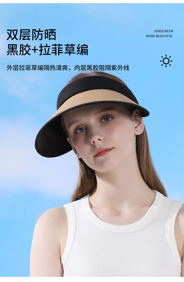 夏季拉菲草帽 女士户外遮阳防紫外线大帽檐防晒帽轻薄透气空顶帽太阳帽详情7