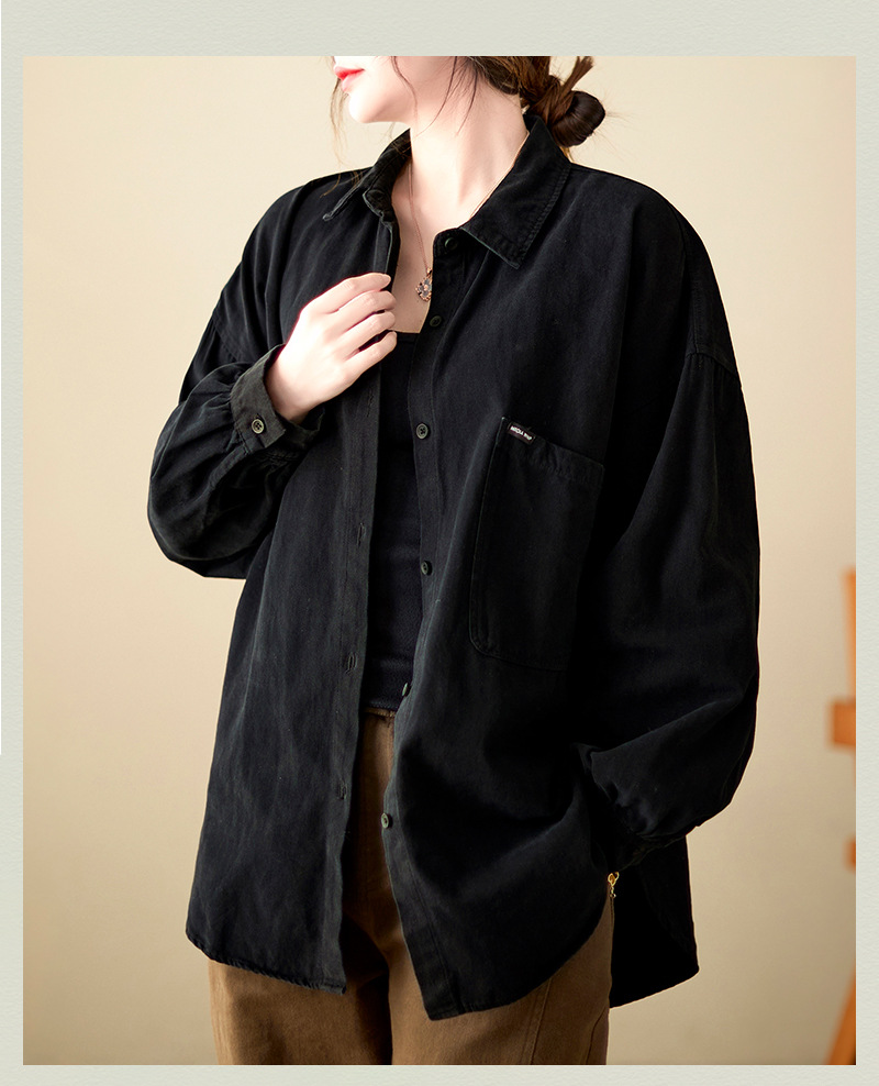 4色入纯色翻领长袖衬衫外套女宽松2024秋季新款文艺大口袋衬衣潮详情12