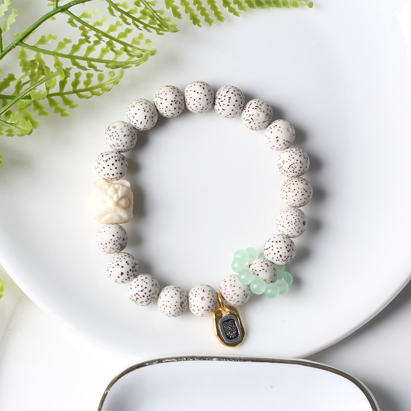 Retro star and moon Bodhi single-loop bracelet, national trend white jade Tara, lion dance running ring bracelet, Buddhist prayer beads, cultural and artistic jewelry pic 2