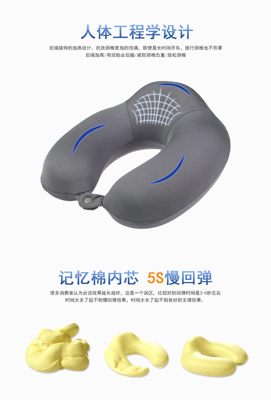 Solid-color memory foam neck pillow, U-shaped pillow, travel neck support pillow, office U-shaped nap pillow, high back support for the back of the head pic 18