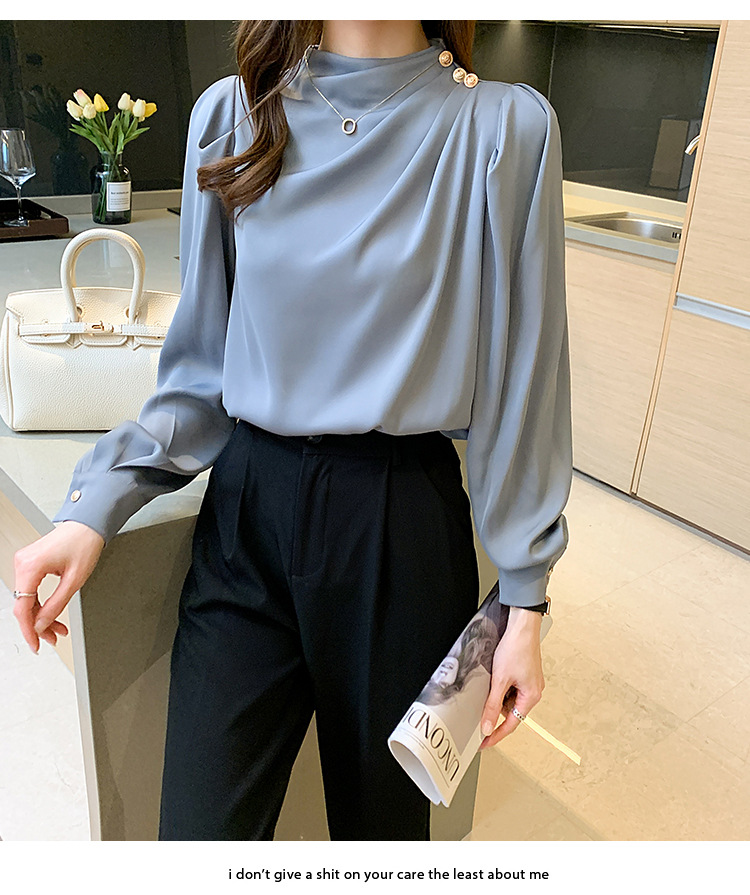 外贸供货2023轻熟气质立领褶皱灯笼袖时尚长袖上衣宽松女士衬衫详情34