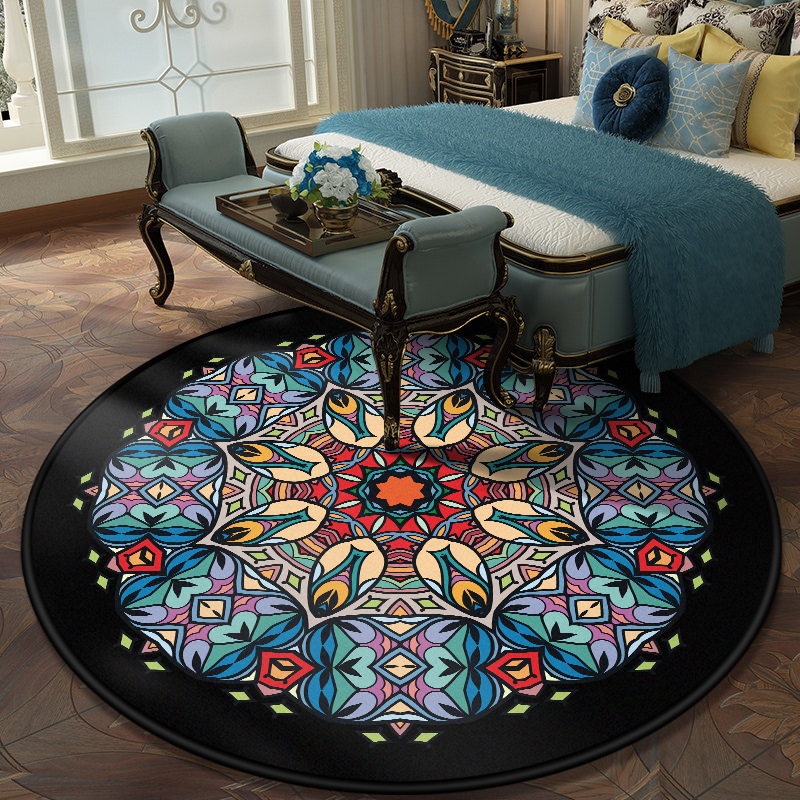 Cross-border ethnic wind round floor mat alfombra cristal de peluche mandala estampada mesa de centro cesta colgante sala de estar hogar pic 11