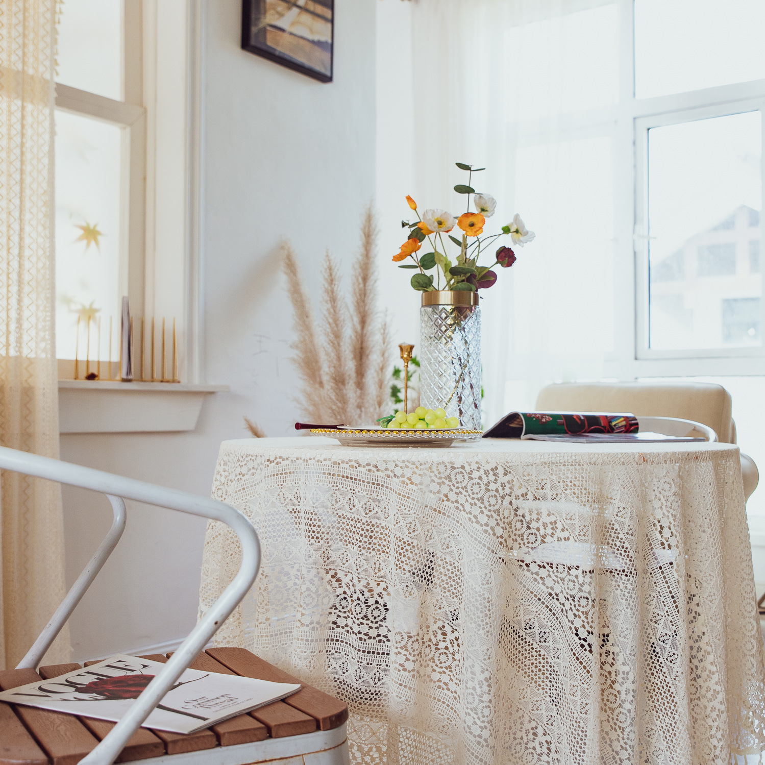 National trend retro hollowed-out lace cover fabric, ins style rectangular white country tablecloth, round table and small round tablecloth pic 11