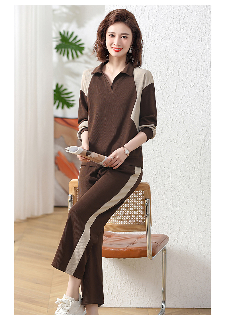 New autumn collection for middle-aged moms, a color-blocking sportswear set for middle-aged women, a loose lapel hoodie, long-sleeved two-piece set pic 28