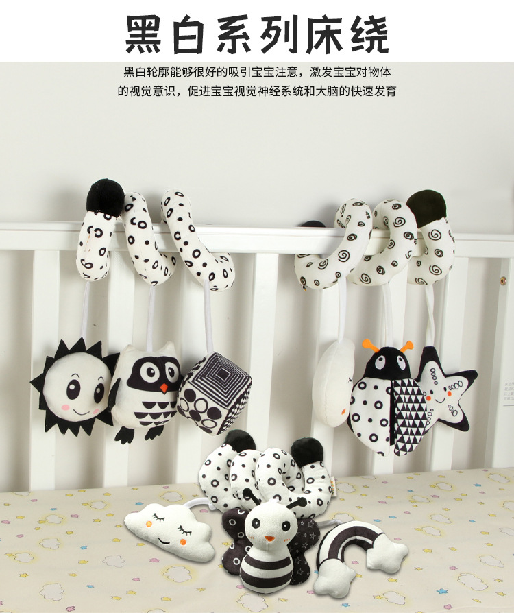 New product launch: Cartoon animal baby crib wrap toys with ringing bells, black and white crib wrap series baby toys in stock pic 1