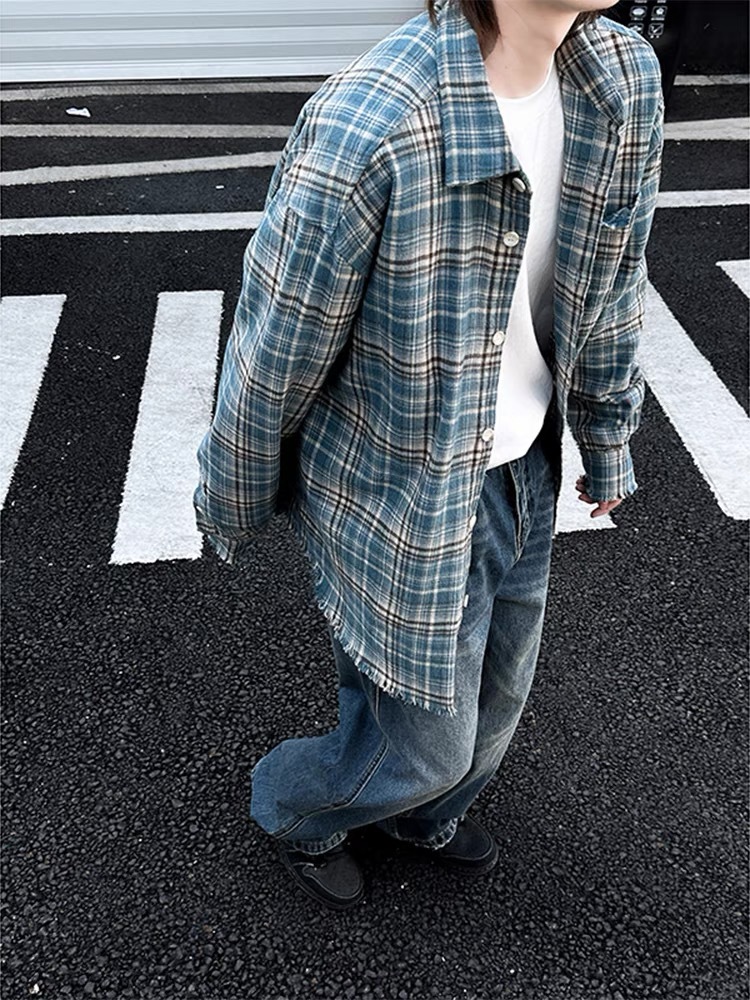高货复古格纹法兰绒流苏破坏格子衬衫cleanfit设计感男女春季上衣详情10