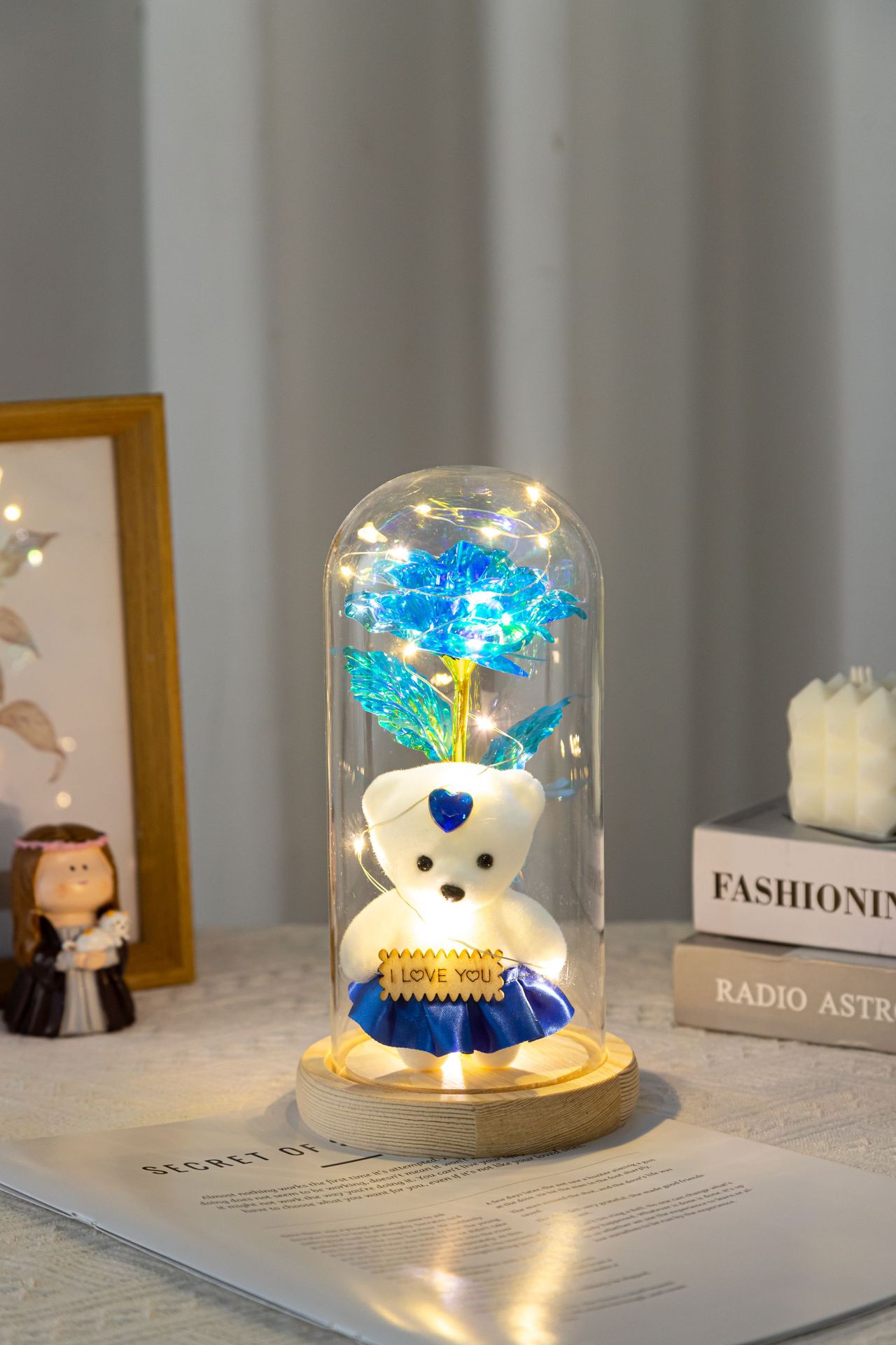 玻璃罩玫瑰花仿真摆母亲节礼物金箔花泡沫熊灯发光装饰品创意摆件详情12