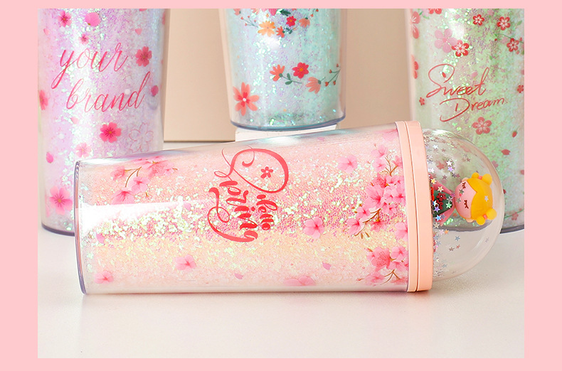 Portable water cup, internet-famous sequined double-layer summer drinking plastic ice cup, cute girl, cartoon cute double-layer for going out pic 9