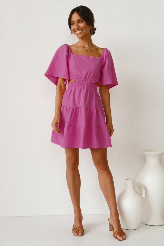 2022 European and American Cross-border Spring/Summer New solid-color rubber-waisted fresh and sweet short dress 22053 pic 4