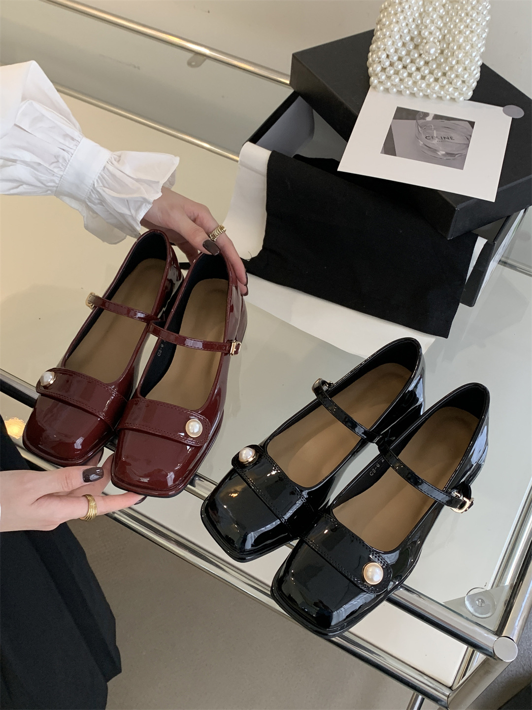 2023秋季新款时尚方头珍珠小香风纯色玛丽珍粗跟百搭时装单鞋女详情27