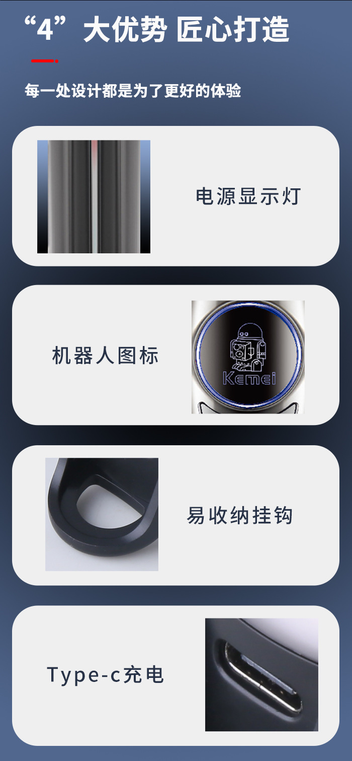 科美/KEMEI跨境持久续航电推剪理发器低音降噪便携快充专业理发剪KM-643详情8