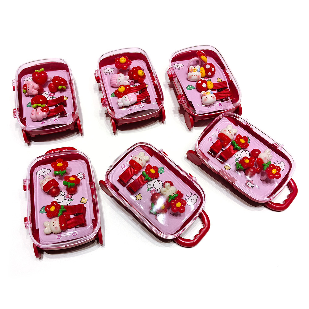 创意儿童发饰礼盒卡通花朵兔子行李箱盒装新年喜庆大红发夹礼盒详情2