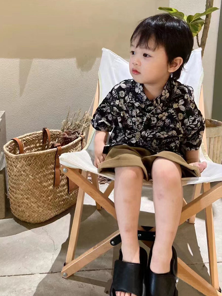 儿童夏装套装男童夏季新款童装女宝复古港风碎花短袖衬衫两件套潮详情9