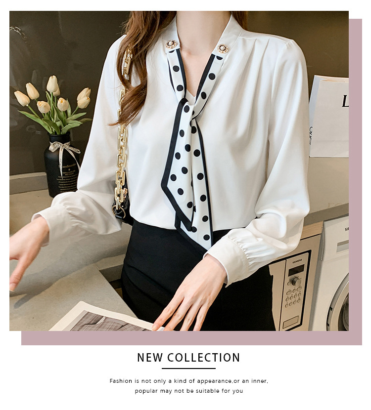 衬衫女2024秋季新款时尚气质韩版V领波点蝴蝶结系带减龄长袖上衣详情25