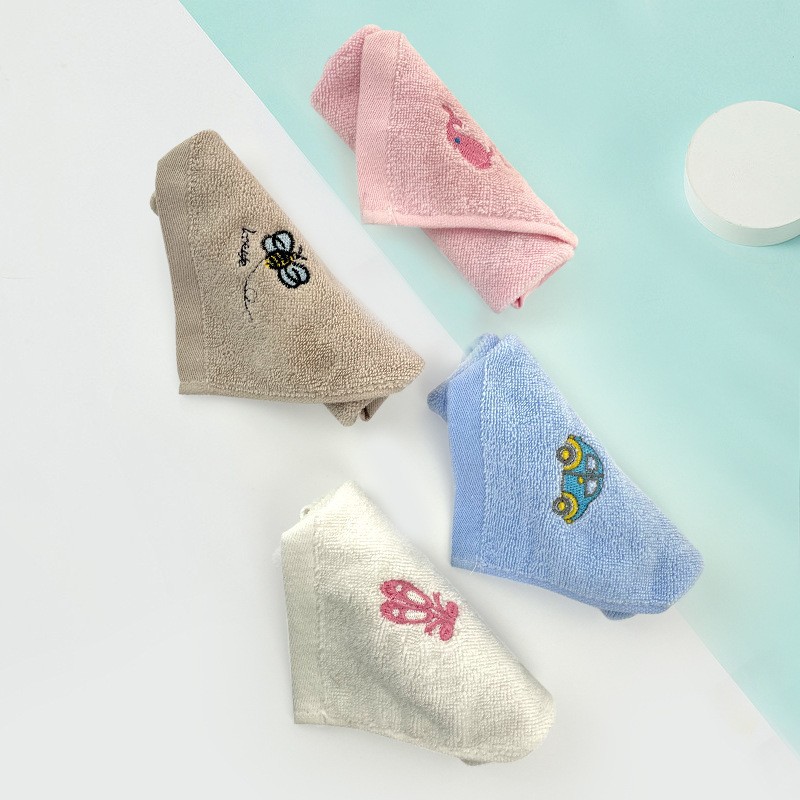 Wholesale pure cotton embroidered square towels 30*30, small square towels for hand and face drying in kindergarten early education class, saliva wipes printed with logo pic 9