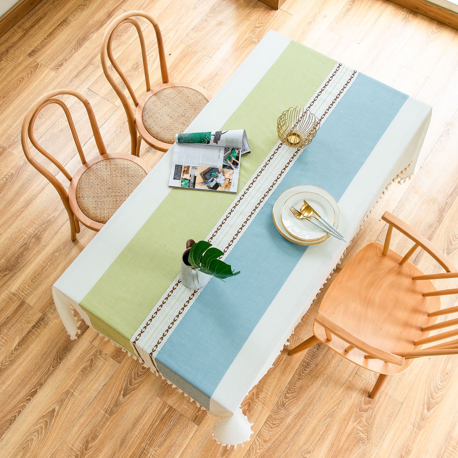 Cross-border Japanese color-blocking and color-blocking embroidered tassel tablecloths, kitchen, dining room, party, family table cover decoration, cotton and linen pic 26