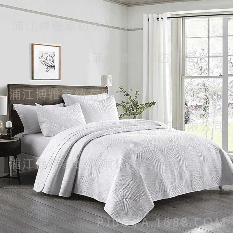 Leaf-shaped hotel universal bed cover jacquard three-piece set, polyester pure white ultrasonic high count and high density bedding pic 4