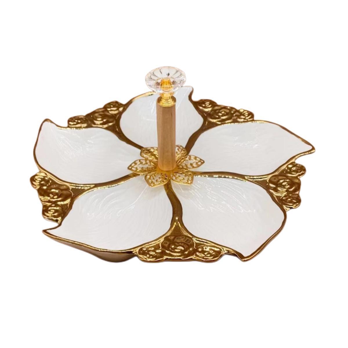 A pure white petal-shaped fruit platter with electroplated gold and multiple compartments, a hand-held restaurant banquet food platter pic 7