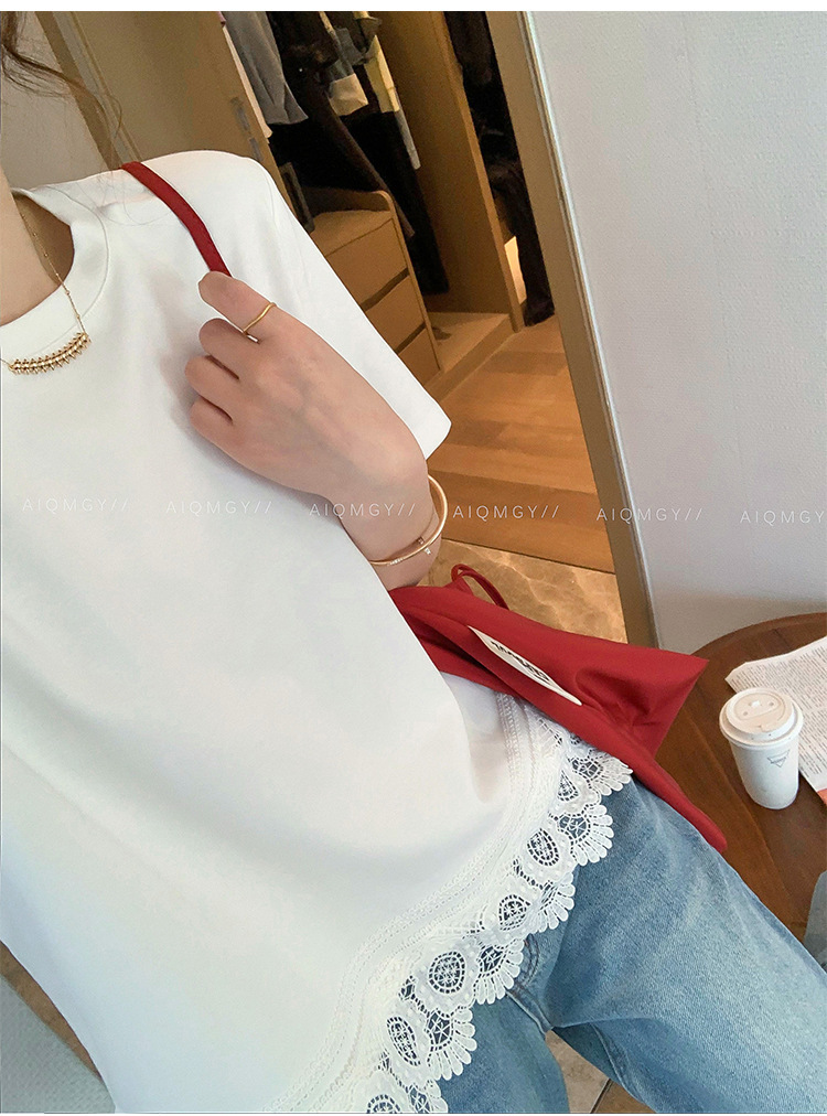 A new loose top for women in the summer of 2025, featuring a white round-neck short-sleeved lace trim patchwork T-shirt pic 2