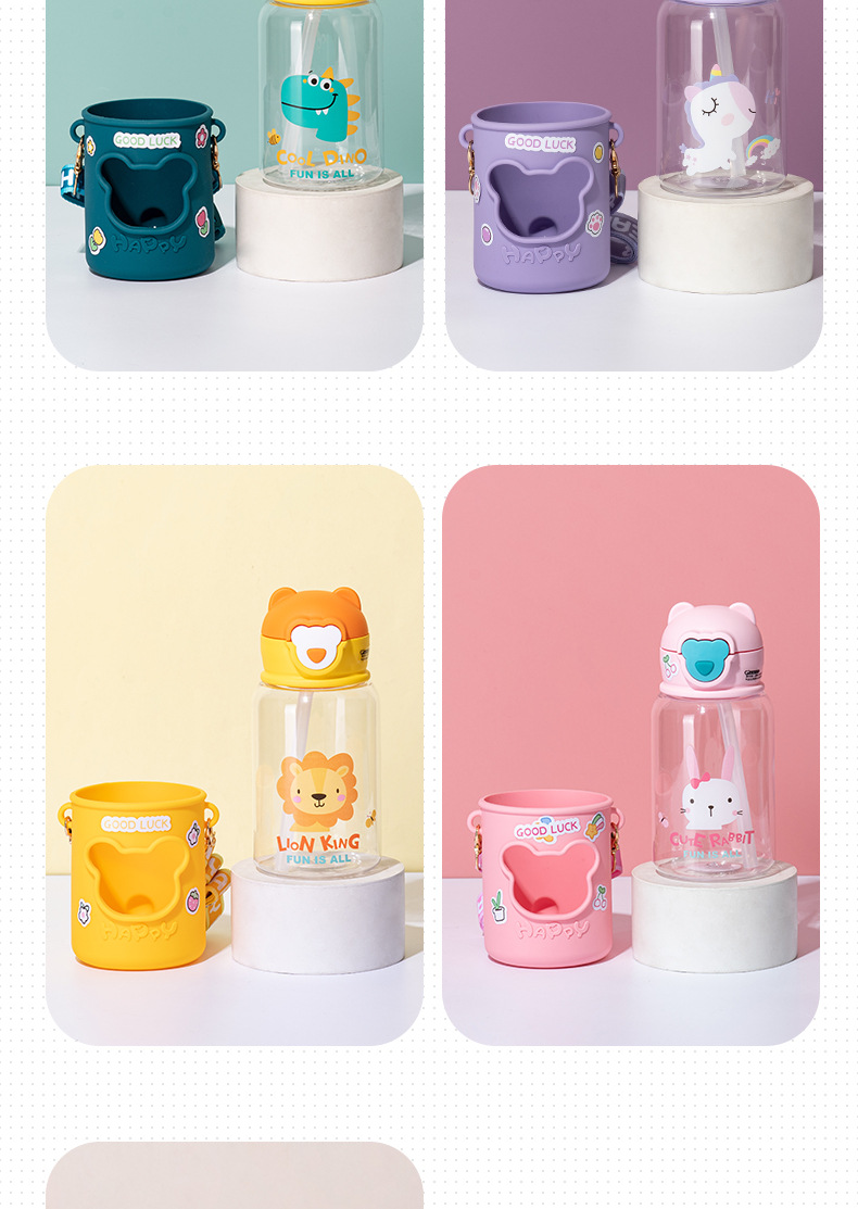 Cartoon bear silicone sleeve plastic cup for students, children, Internet celebrities, high appearance level, cute and portable, bouncy lid straw cup pic 8