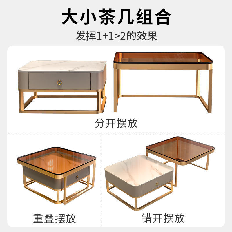 Light luxury and simple glass bright coffee table, square-sized combination, extendable coffee table, Italian-style small apartment rock plate tea table pic 25