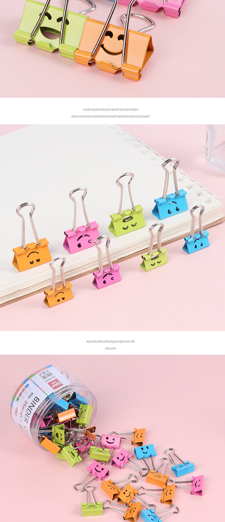 Cartoon smiling face hollowed-out cylinder long tail clip, file folder, smiling clip, ticket clip, organizing paper, metal dovetail clip pic 10
