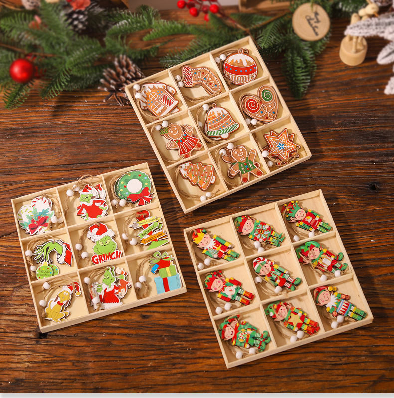 Cross-border new Christmas 18pcs wooden nine-grid pendant, Elf Grimm Gingerbread Man figurine Mahjong decoration, unique and creative wooden pendant pic 1