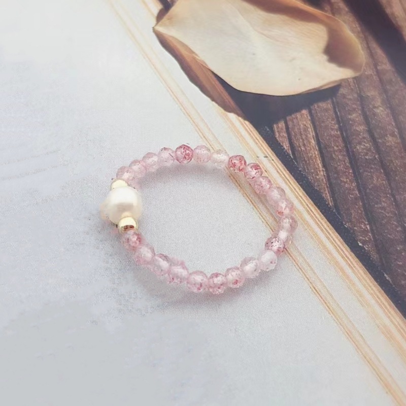 草莓晶弹力绳珍珠戒指粉色甜美珍珠女网红风单圈时尚甜美风个性潮详情5