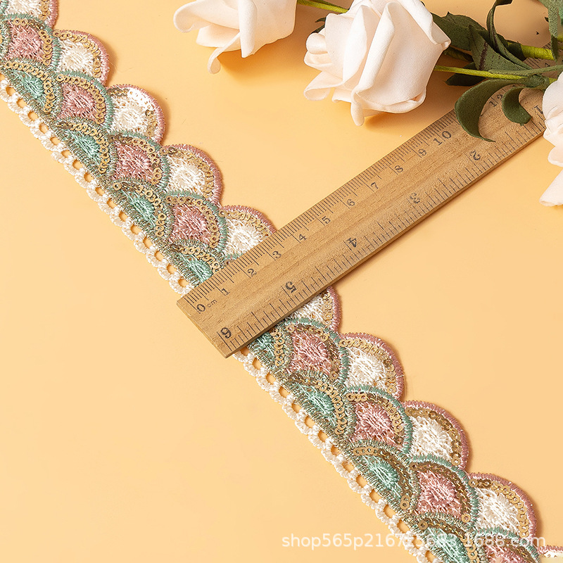 新款民族风刺绣水溶花边复双色金色平绣线彩色亮片花边服装辅料详情4