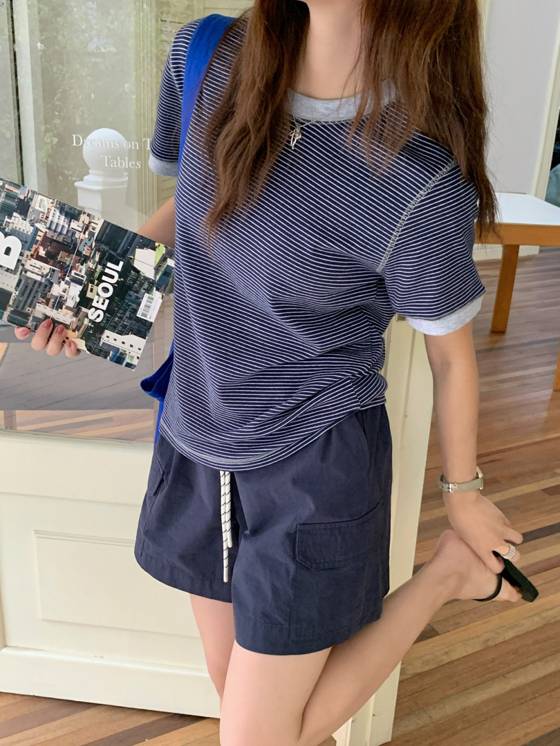 GAGD Oni T-shirt ~ Small design contrasting color border striped short-sleeved T-shirt for women, Korean-style off-the-shoulder short T-shirt top pic 17