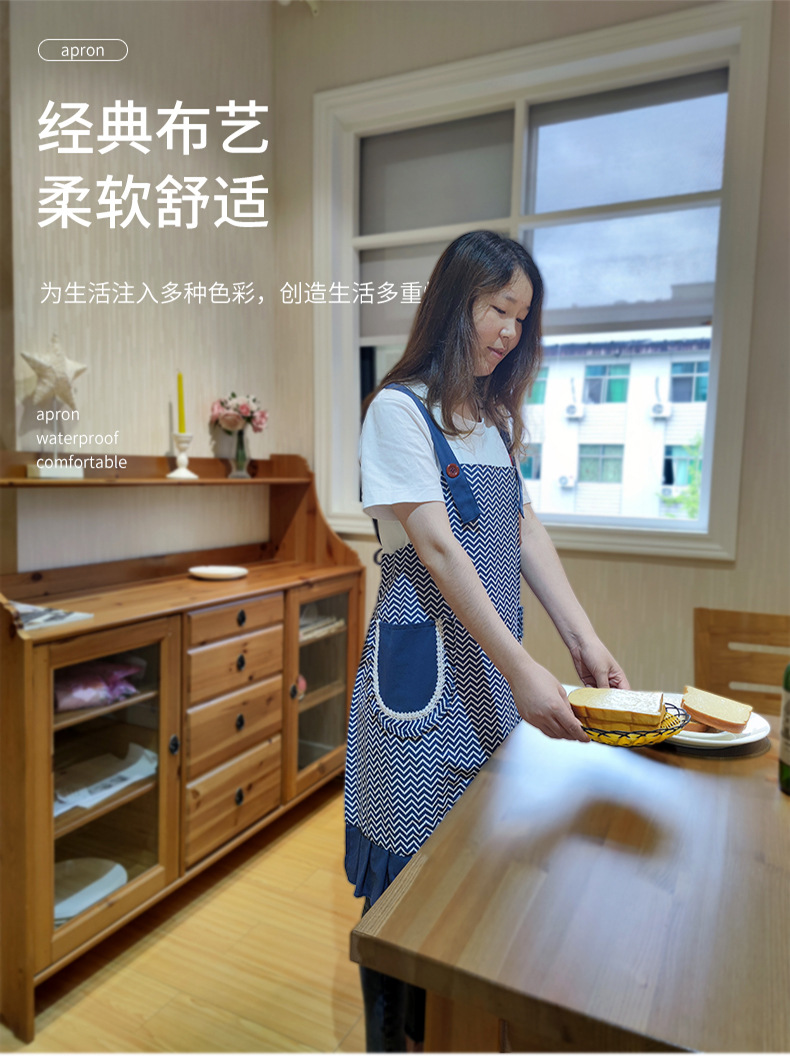 韩版高端防水防油围裙 康乐屋双层全棉背带厨房无袖口袋围裙批发详情3