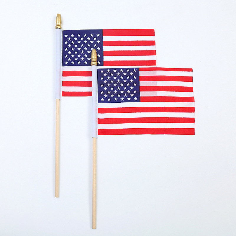Cross-border Amazon 4* 6-inch American flag, 10*15cm American hand-waved flag, Independence Day flag with 25 cm wooden pole and golden gun tip, factory direct sales pic 2