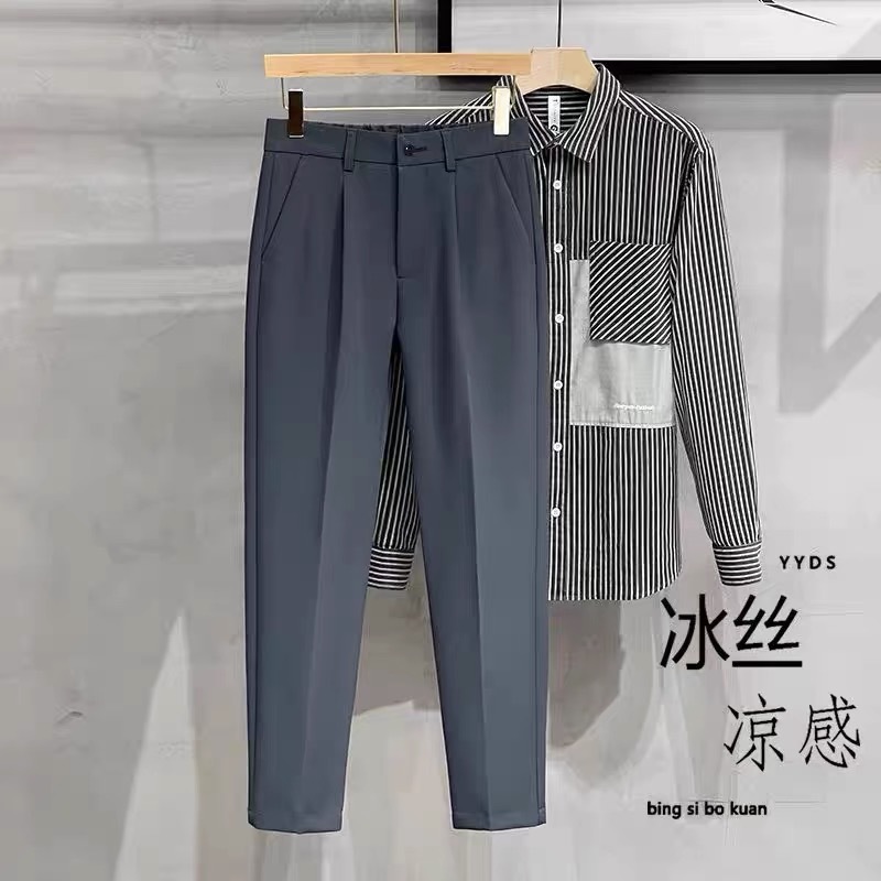 潮牌秋季垂感纯色锥形九分西裤男士英伦免烫西装裤修身小脚休闲裤详情6
