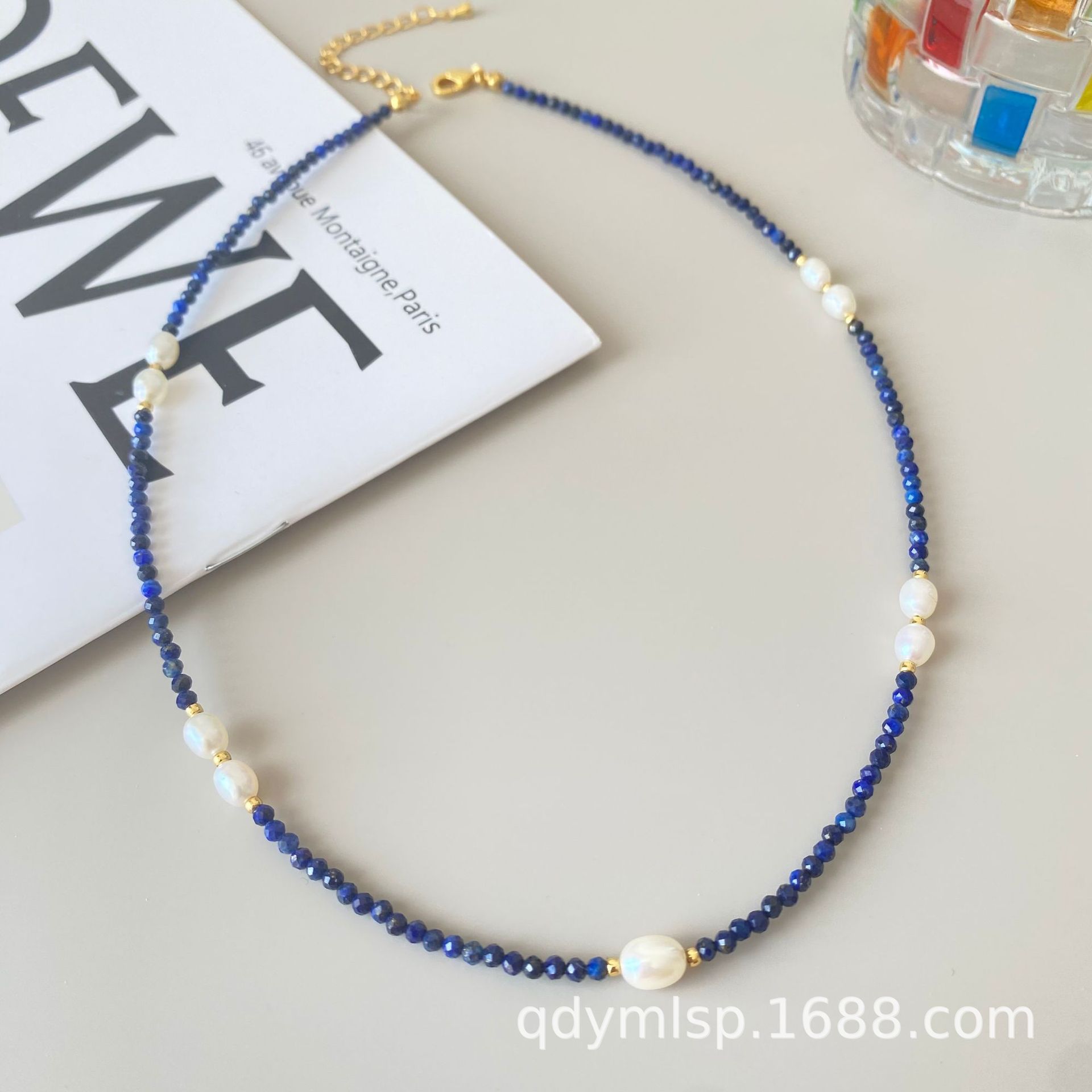 The new Korean version lapis lazuli freshwater pearl necklace is a versatile, high-end, light luxury, simple and fashionable collarbone chain pic 1