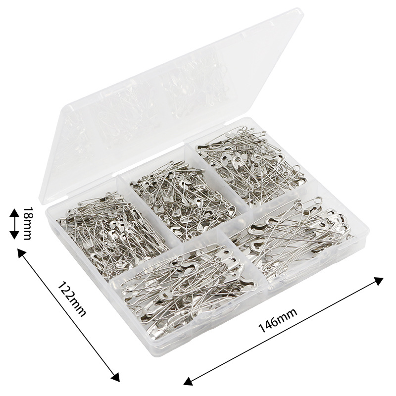 跨境新款300枚银色镀镍别针套装5种尺寸家用固定别扣厂家批发详情12