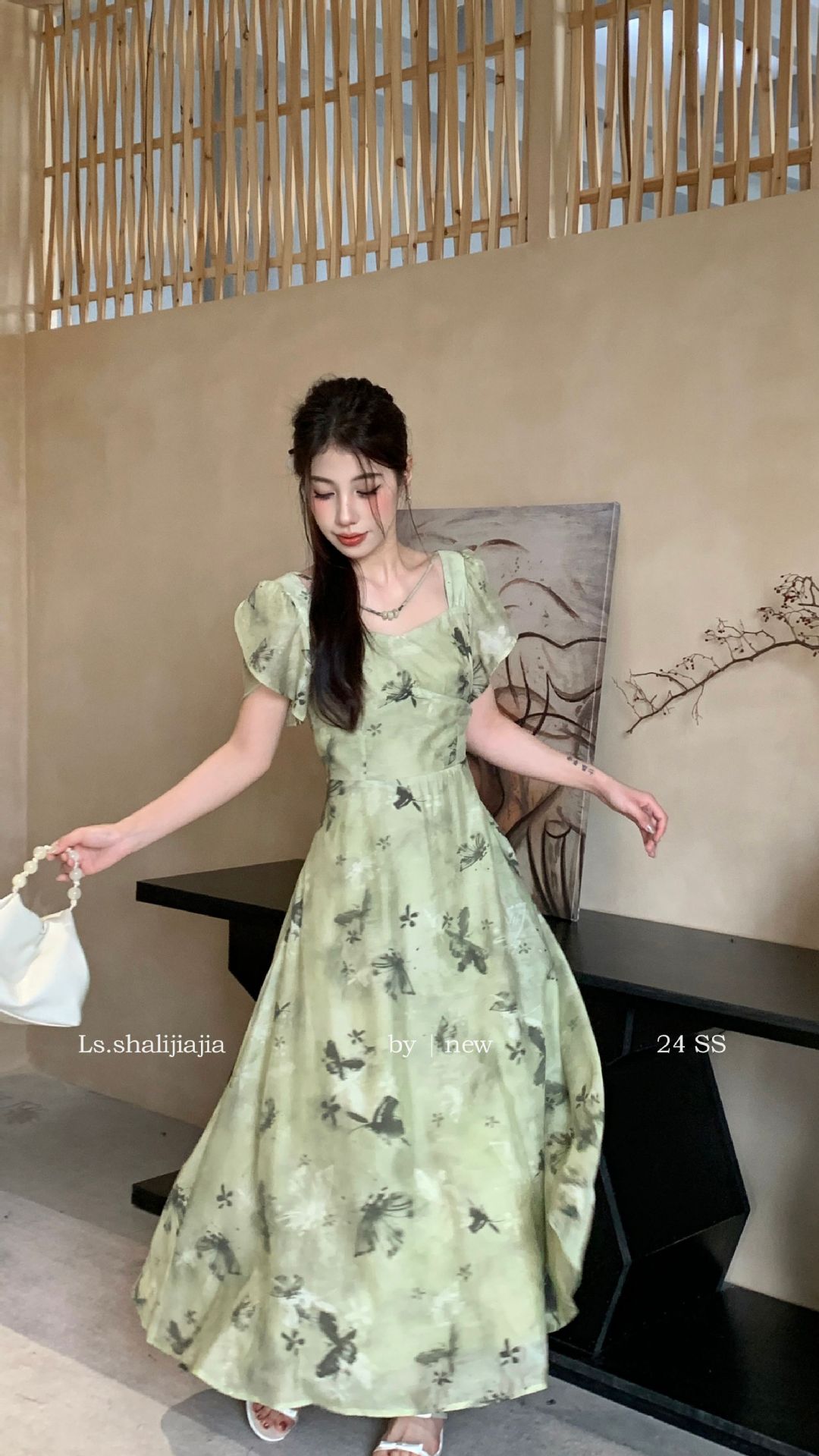 LS广州十三行春夏2024新品女装碎花度假优雅修身方领连衣裙51250#详情16