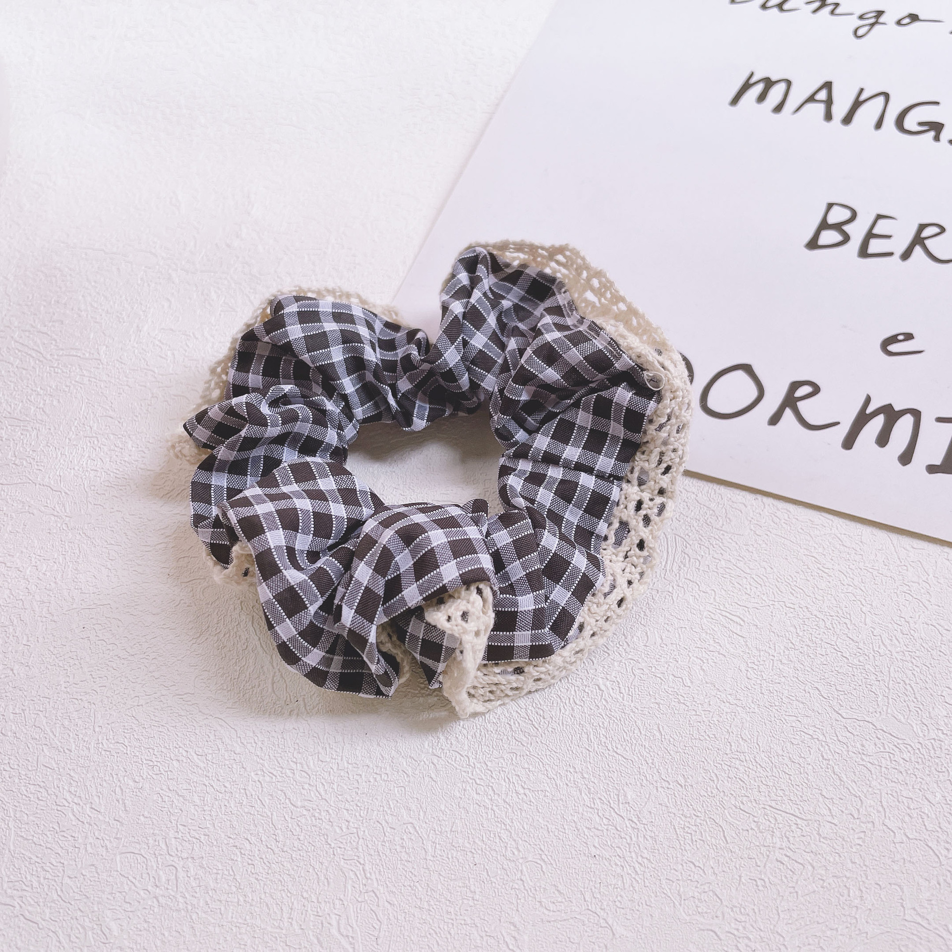 Summer fresh and cute checkered large intestine circle, Japanese girlish sweet lace edge simple bun hair tie pic 11