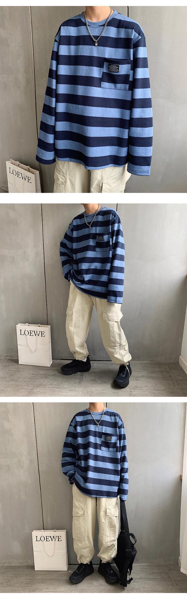 Cross-border striped T-shirt for women 21 New striped long-sleeved T-shirt for women on Instagram Harajuku loose Korean-style top in stock pic 5