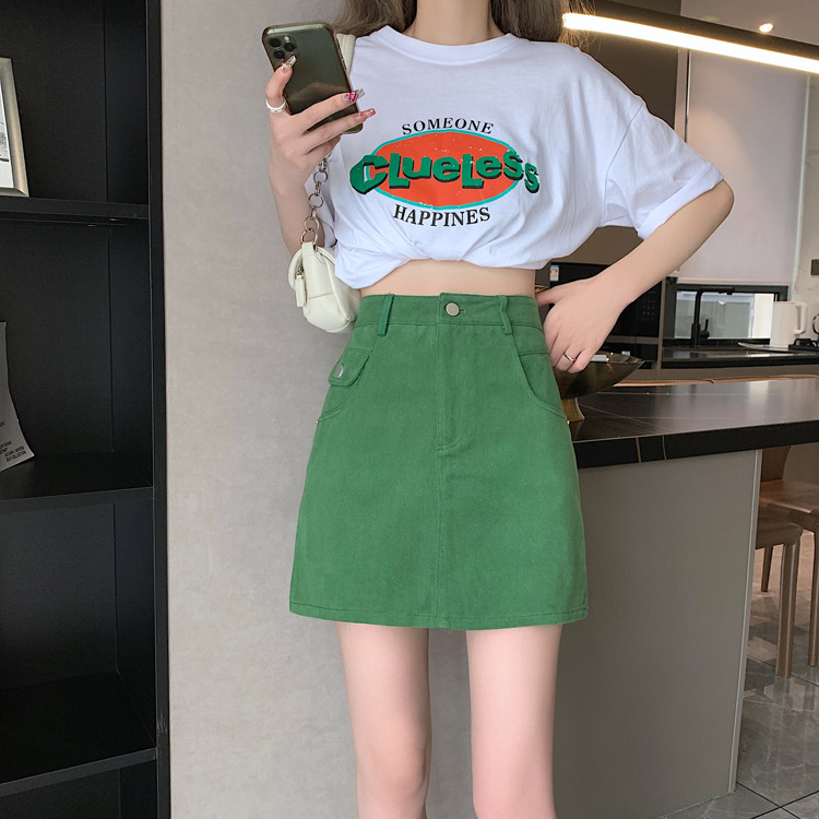 实拍视频小个子绿色半身裙女ins2023秋季新款高腰包臀a字裙短裙子详情2
