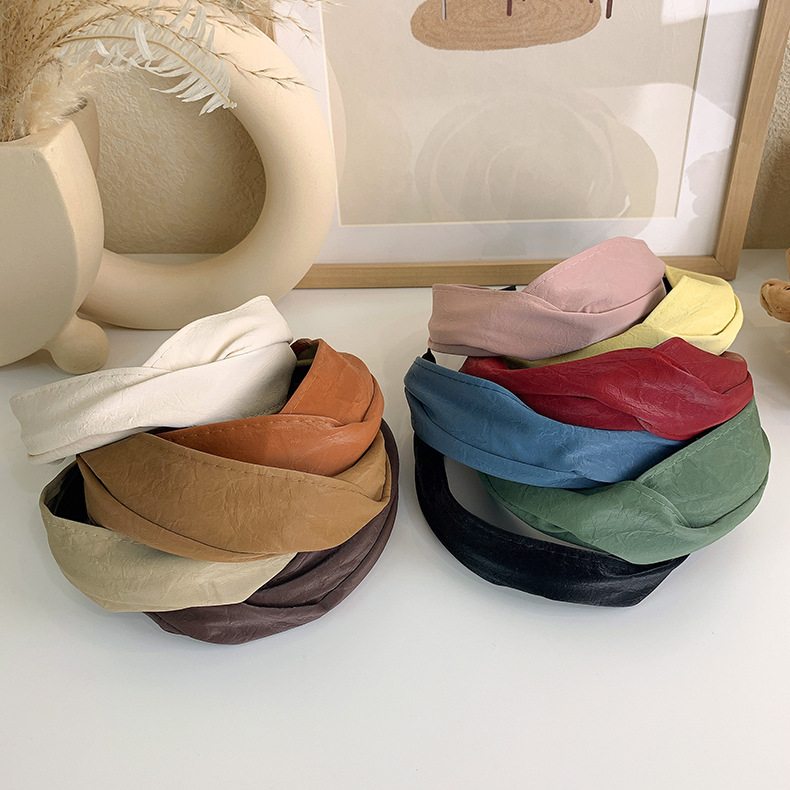 Retro solid color Pu leather wide cross headband, versatile for women, simple hairband for washing face, hair pressure and trendy headwear pic 6